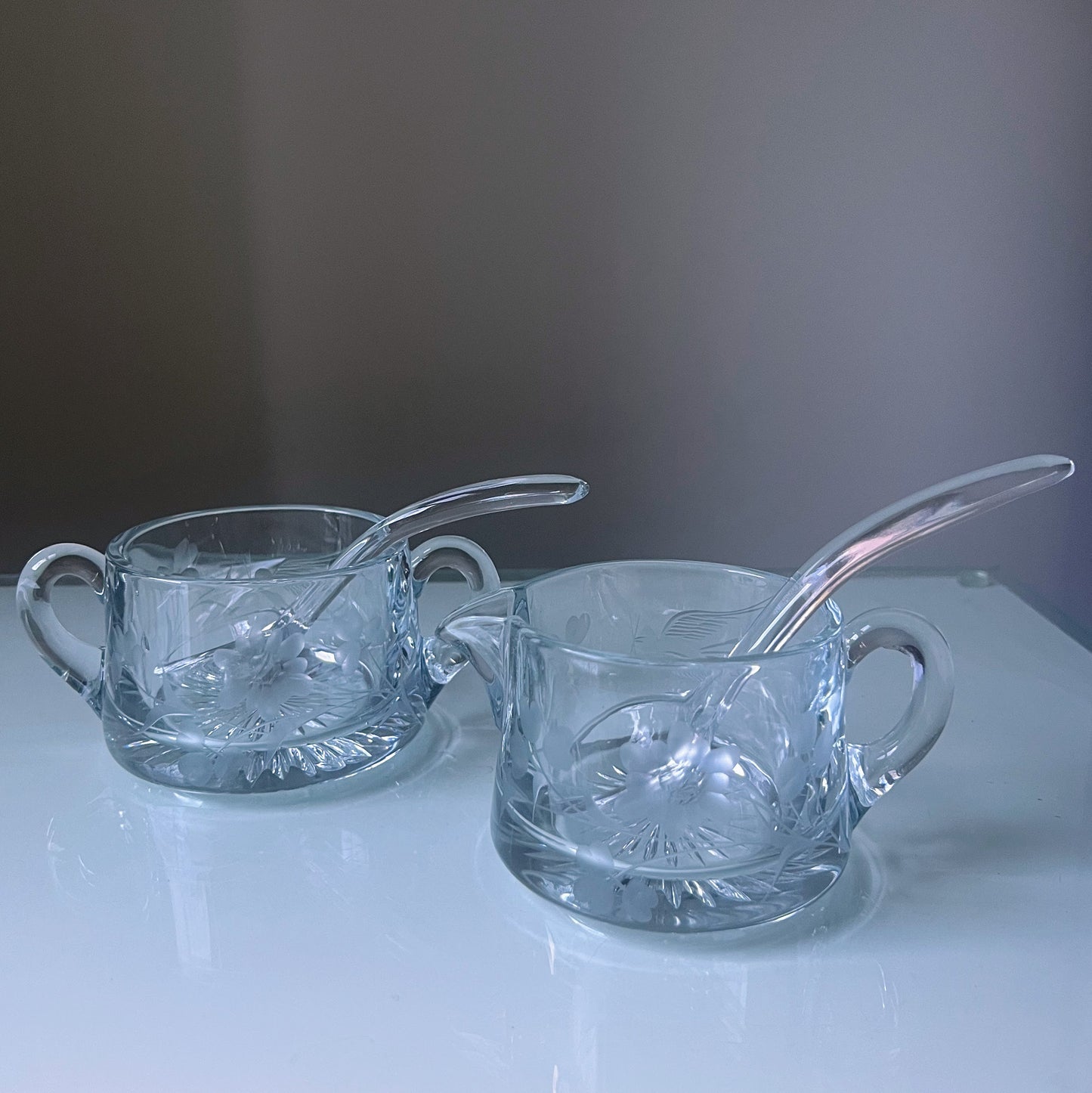 Heisey Floral Etched Cream and Sugar Bowls