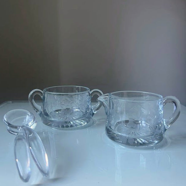 Heisey Floral Etched Cream and Sugar Bowls